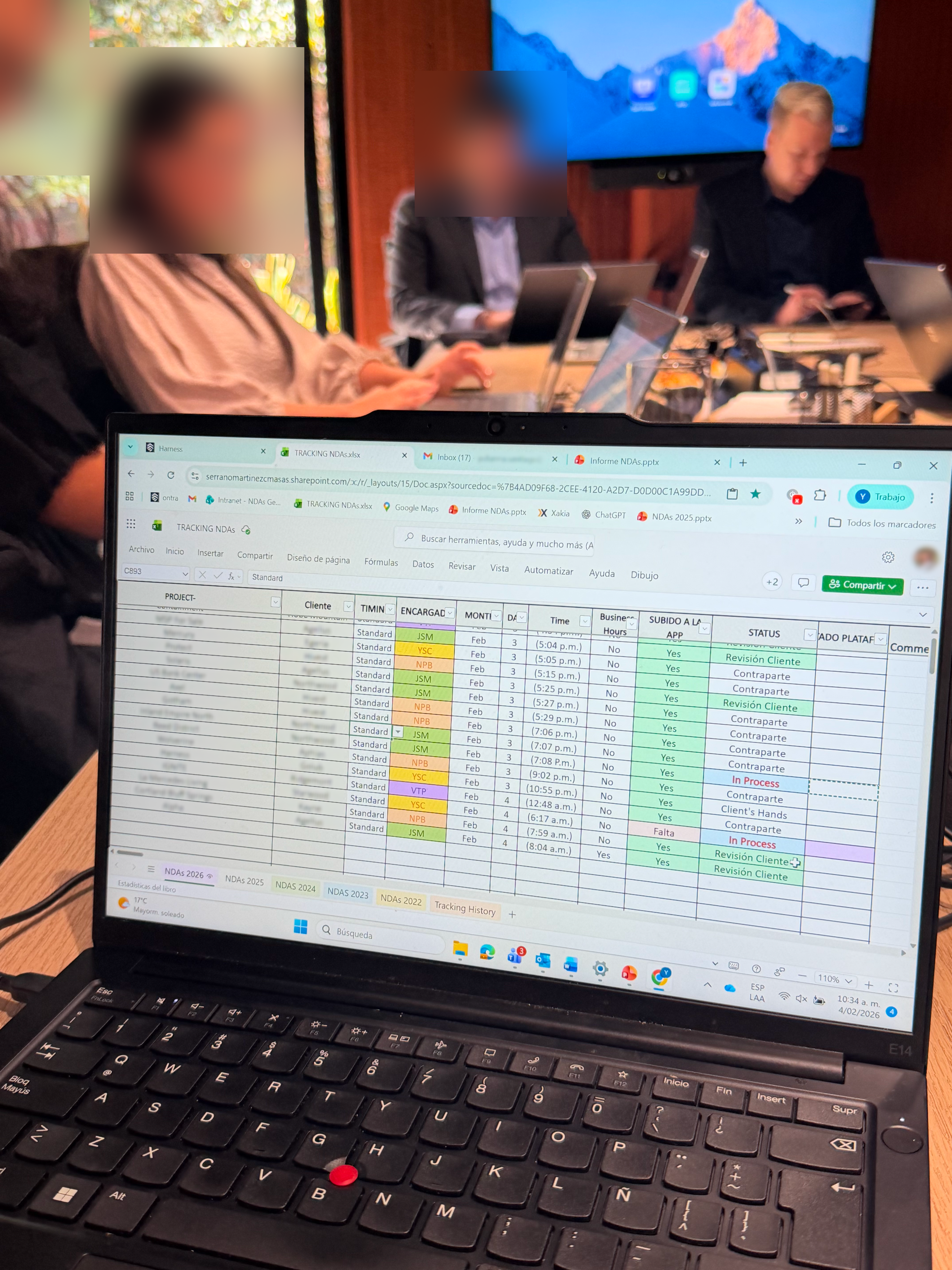 A document tracking spreadsheet used by lawyers at a partner firm in Bogotá to manage contract deadlines