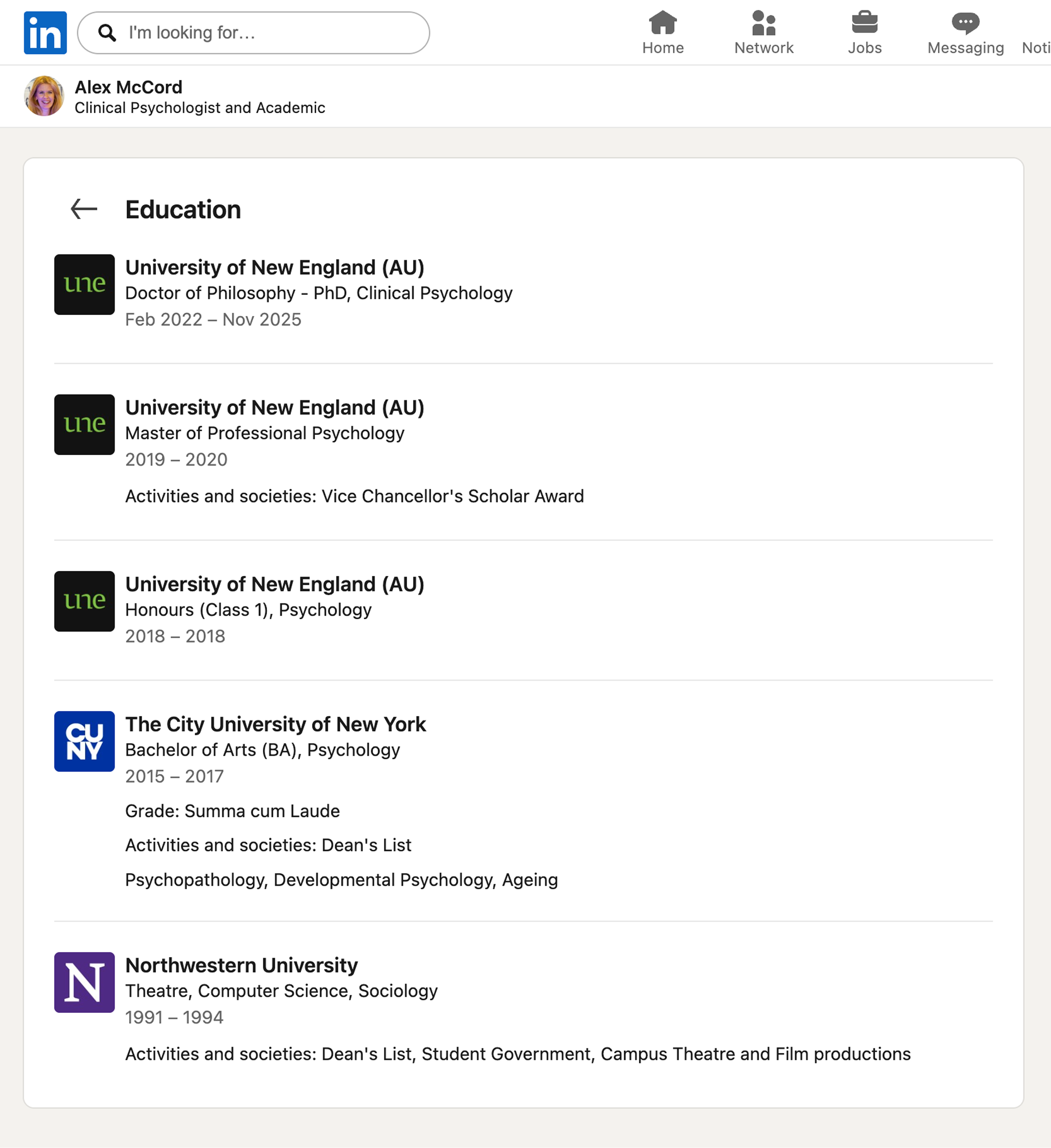 Alex McCord's LinkedIn education history: a PhD in clinical psychology, a master's and honours in psychology, a psychology BA from CUNY, and Northwestern in the 1990s
