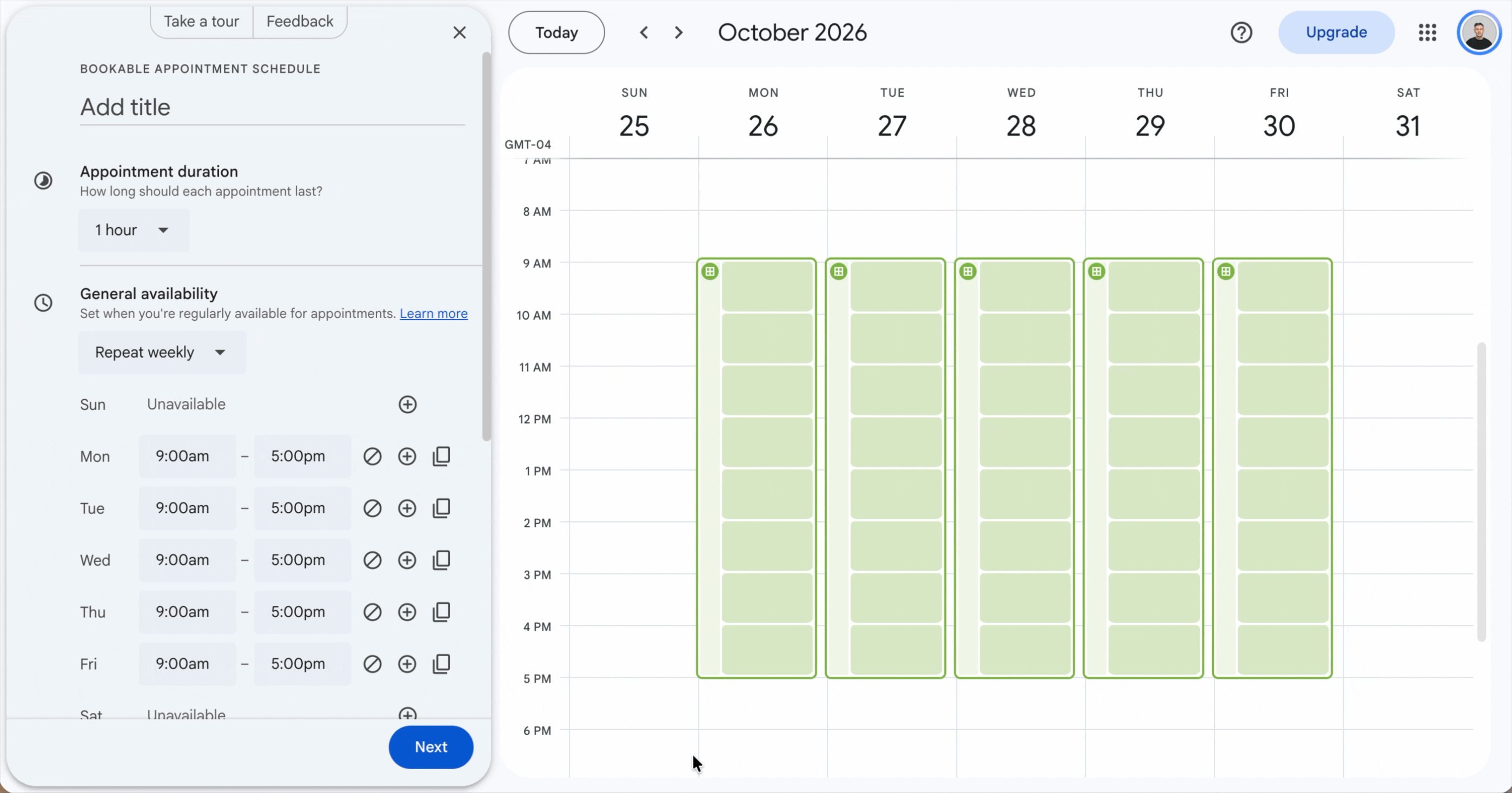 Google Calendar's appointment schedule setup, with weekly availability on the left and bookable slots filling the week view